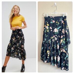 NWT Bershka Floral Print Ruffle Midi Skirt
